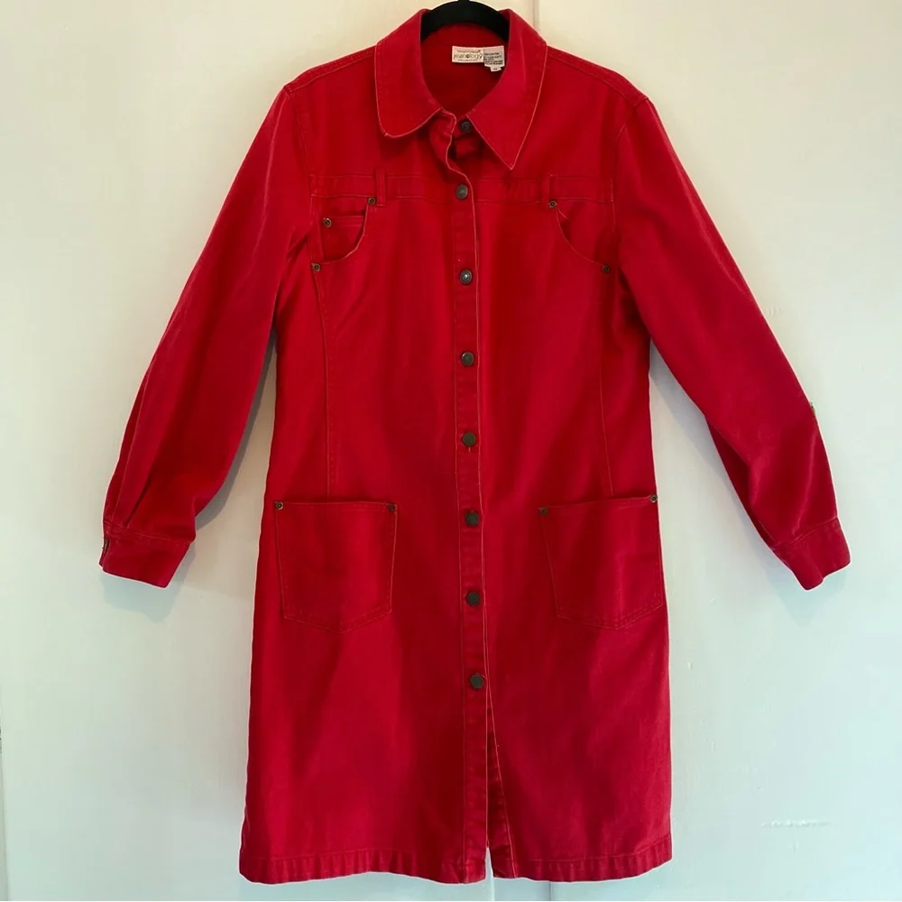 Vtg Newport News Jeanology Long Red Button-Front Denim Coat Dress Patriotic 12 - Picture 1 of 12